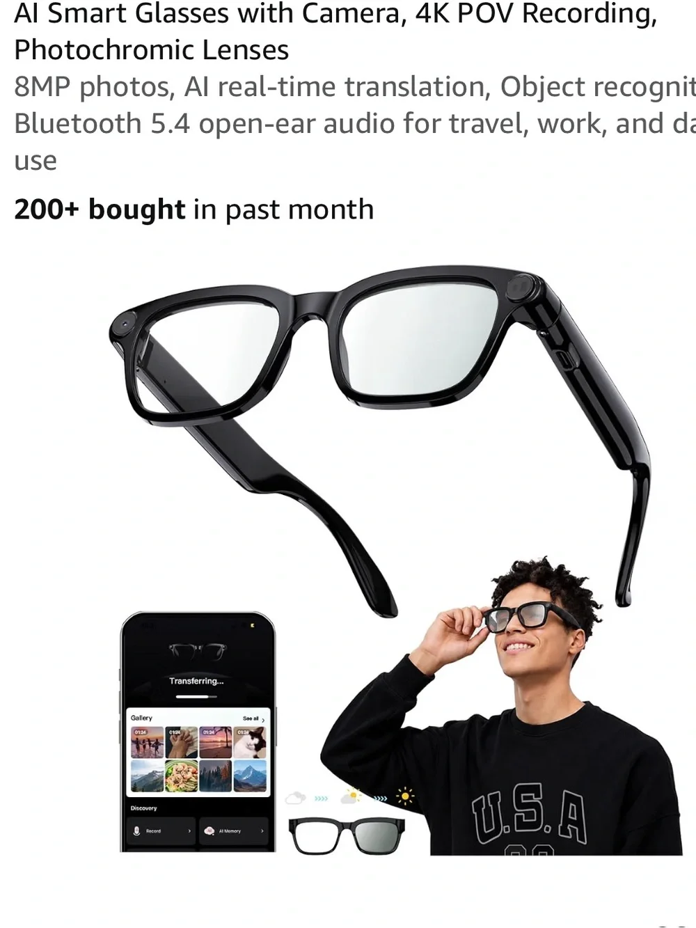 AI Smart Glasses with Camera, 4K POV Recording, Photochromic